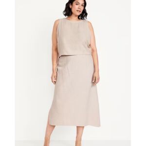 NEW Old Navy Linen Blend Midi Skirt 3X Beige Neutral Elastic Waist Side Zip